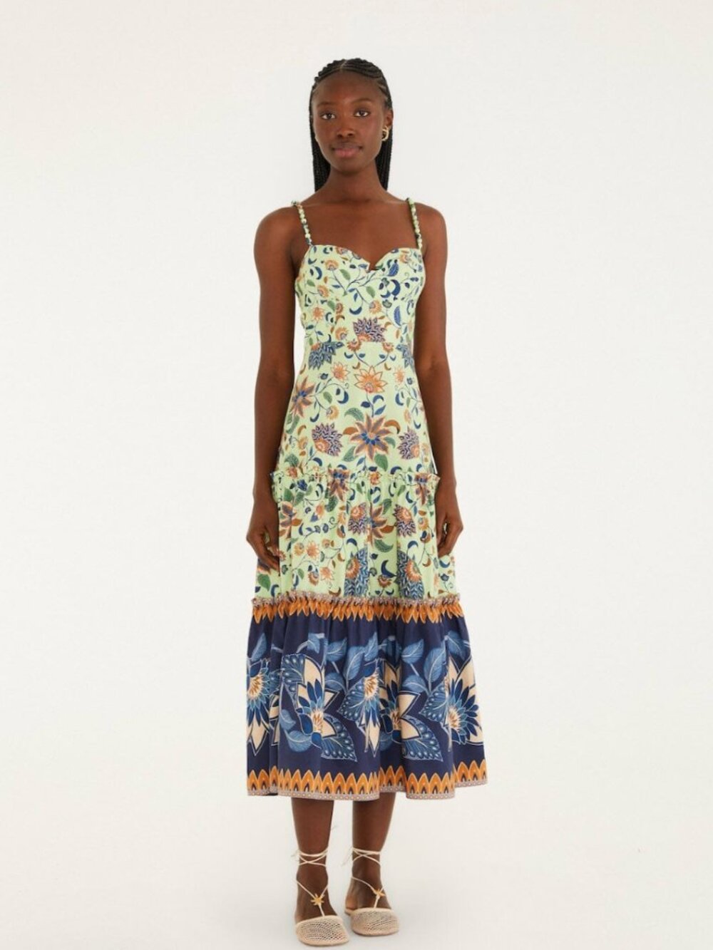 NWT Farm Rio green floral delhi tapestry beaded straps midi dress